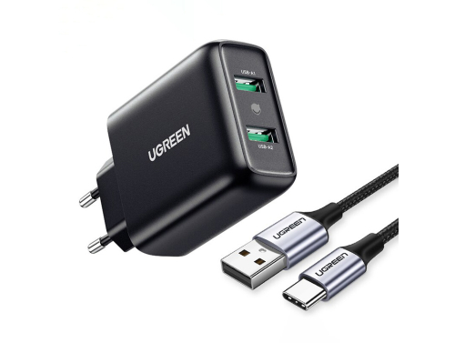 Chargeur UGREEN CD161 18W, 2 ports USB-A, Puissance, Charge rapide Power Delivery 3.0, Couleur noire
