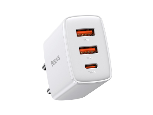 Chargeur Baseus Compact Quick Charger 30W, 2xUSB-A, USB-C, PD, 3A, couleur blanc - Charge rapide et sécurisée