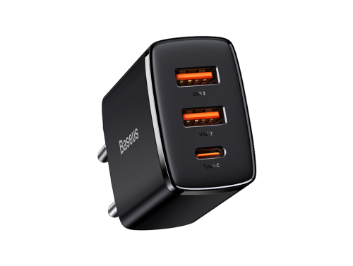 Chargeur Baseus Compact Quick Charger 30W, 2xUSB-A, USB-C, PD, 3A, couleur noire - Charge rapide et sécurisée