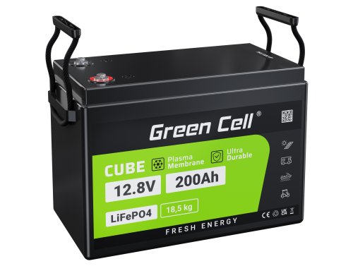 Batterie lithium-fer-phosphate LiFePO4 Green Cell 12V 12.8V 200Ah pour panneaux solaires, camping-cars et bateaux