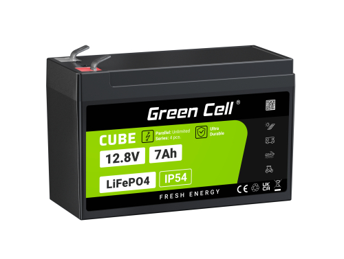 Green Cell CUBE LiFePO4 Batterie 7Ah 12.8V 89.6Wh LFP Batterie au lithium 12V pour UPS, Jouets, Surveillance, Alarme, CCTV