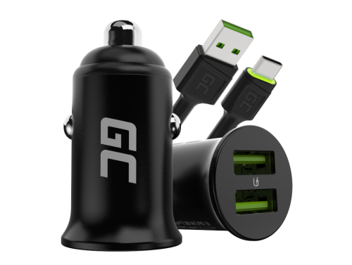 Green Cell Chargeur de Voiture USB PowerRide Nano36, 2x USB-A, 36W Ultra Charge Rapide + LED Câble USB-C 120cm