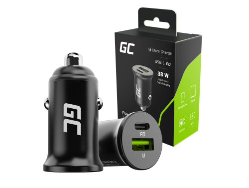 Green Cell Chargeur de Voiture USB-C PowerRide Nano38, 1x USB-C, 1x USB-A, 38W Power Deliver 3.0, 12V/24V Allume Cigare Chargeur