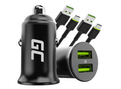 Green Cell Chargeur de Voiture USB PowerRide Nano36, 2x USB-A, 36W Ultra Charge Rapide + 2x LED Câble USB-C 120cm