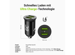 Green Cell Chargeur de Voiture USB PowerRide Nano36, 2x USB-A, 36W Ultra Charge Rapide + 2x LED Câble USB-C 120cm