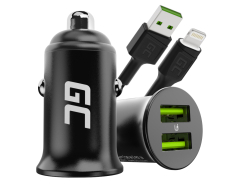 Green Cell Chargeur de Voiture USB PowerRide Nano36, 2x USB-A, 36W Ultra Charge Rapide + LED Câble Lightning 120cm