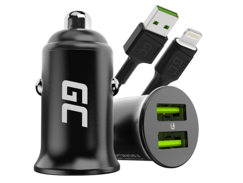 Green Cell Chargeur de Voiture USB PowerRide Nano36, 2x USB-A, 36W Ultra Charge Rapide + LED Câble Lightning 120cm
