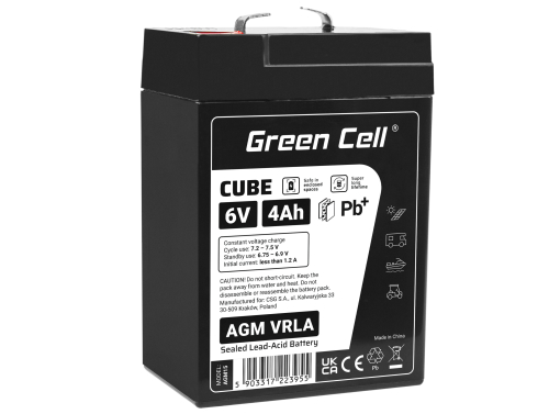 Green Cell CUBE AGM IP54 Batterie 6V 4Ah VRLA pour Jouets Installations d'alarme Véhicules pour enfants