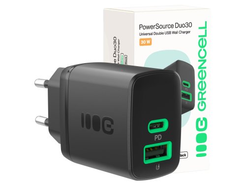 Greencell PowerSource Duo30 Chargeur USB/USB-C Noire Charge rapide 30W Power Delivery