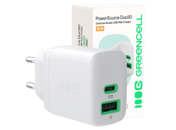 Greencell PowerSource Duo30 Chargeur USB/USB-C Blanc Charge rapide 30W Power Delivery