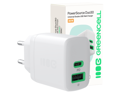 Greencell PowerSource Duo30 Chargeur USB/USB-C Blanc Charge rapide 30W Power Delivery