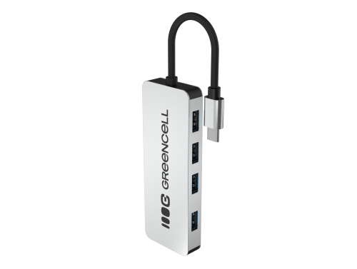 Adaptateur Basic HUB Greencell USB-C 4in1 (4×USB-A 3.0) – transfert rapide jusqu'à 5 Gb/s, boîtier en aluminium
