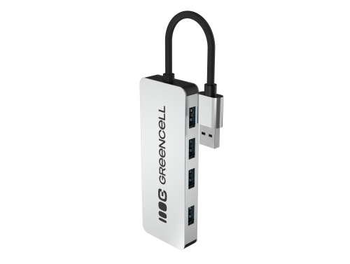 Adaptateur Basic HUB Greencell USB-A 4in1 (4×USB 3.0) – transfert rapide jusqu'à 5 Gb/s, boîtier en aluminium